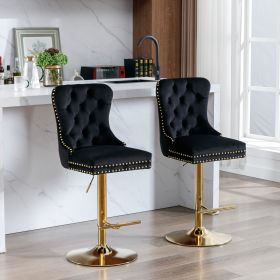 A&A Furniture,Thick Golden Swivel Velvet Barstools Adjusatble Seat Height From 27-35 Inch, Modern Upholstered Bar Stools With Backs Comfortable T (Color: Black)