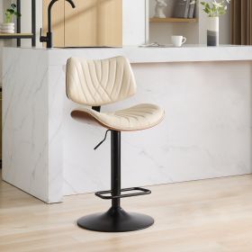 Walnut Bentwood Bar Stools Mid Century Modern Adjustable Counter Height Black Leather Upholstered 360 Swivel Bar Chairs For Kitchen Island Dining (Color: Beige)